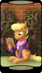 Size: 1500x2591 | Tagged: safe, artist:sixes&sevens, part of a set, ms. harshwhinny, earth pony, pony, g4, brick wall, clipboard, clothes, ear piercing, earring, female, food, grapes, grapevine, jacket, jewelry, king of coins, minor arcana, outdoors, piercing, scarf, sitting, solo, tarot card