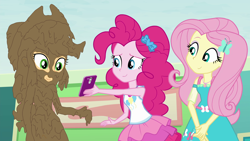 Size: 1920x1080 | Tagged: safe, alternate version, artist:amateur-draw, edit, edited screencap, screencap, applejack, fluttershy, pinkie pie, human, equestria girls, equestria girls specials, g4, my little pony equestria girls: better together, my little pony equestria girls: rollercoaster of friendship, clothes, cutie mark, cutie mark on clothes, dress, female, geode of fauna, geode of sugar bombs, magical geodes, mud, mud edit, muddy, phone, show accurate, skirt