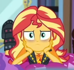 Size: 403x378 | Tagged: safe, screencap, sunset shimmer, blizzard or bust, equestria girls, equestria girls specials, g4, my little pony equestria girls: better together, my little pony equestria girls: holidays unwrapped, bags under eyes, clothes, cropped, exhausted, geode of empathy, jacket, jewelry, leather, leather jacket, magical geodes, necklace, shoes, solo, sunset shimmer is not amused, the pose, tired, unamused