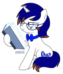 Size: 1017x1200 | Tagged: safe, artist:jennieoo, oc, oc only, oc:dazzle flash, pony, unicorn, book, glasses, reading, ribbon, show accurate, simple background, sitting, solo, transparent background