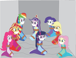 Size: 1069x828 | Tagged: safe, artist:caido58, applejack, fluttershy, pinkie pie, rainbow dash, rarity, starlight glimmer, sunset shimmer, twilight sparkle, equestria girls, g4, arm behind back, bondage, bound and gagged, cloth gag, confused, gag, help us, humane five, humane seven, humane six, kneeling, tied up, twilight sparkle (alicorn)
