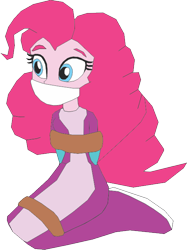 Size: 504x673 | Tagged: safe, artist:caido58, pinkie pie, equestria girls, g4, arm behind back, bondage, bound and gagged, gag, kneeling, simple background, solo, tied up, transparent background