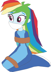 Size: 464x656 | Tagged: safe, artist:caido58, rainbow dash, equestria girls, g4, arm behind back, bondage, bound and gagged, gag, kneeling, simple background, solo, tied up, transparent background