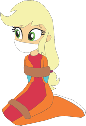 Size: 459x670 | Tagged: safe, artist:caido58, applejack, equestria girls, g4, arm behind back, bondage, bound and gagged, gag, kneeling, simple background, solo, tied up, transparent background