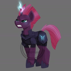 Size: 1608x1608 | Tagged: safe, artist:ittybittybiters, tempest shadow, pony, unicorn, g4, my little pony: the movie, angry, broken horn, female, glowing horn, gray background, horn, mare, simple background, solo, teeth, watermark
