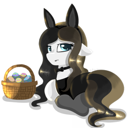 Size: 1184x1200 | Tagged: safe, artist:julie25609, oc, oc only, oc:chocolate fudge, earth pony, pony, bunny suit, clothes, cute, easter, easter egg, female, fluffy, holiday, simple background, solo, transparent background