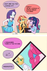 Size: 1620x2430 | Tagged: safe, artist:haibaratomoe, pinkie pie, ragamuffin (g4), rarity, sci-twi, sunset shimmer, twilight sparkle, equestria girls, g4, my little pony equestria girls: better together, geode of empathy, geode of shielding, geode of telekinesis, magical geodes, rarity peplum dress, tablet