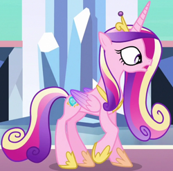 Size: 1100x1089 | Tagged: safe, screencap, princess cadance, alicorn, pony, g4, the times they are a changeling, concave belly, cropped, female, hoof shoes, mare, open mouth, raised hoof, slender, solo, thin