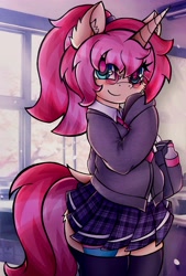 Size: 2766x4096 | Tagged: safe, artist:canvymamamoo, oc, oc only, oc:red velvet, pony, unicorn, semi-anthro, arm hooves, bag, bipedal, blushing, clothes, dock, ear fluff, female, glasses, looking at you, mare, necktie, plaid skirt, pleated skirt, raised hoof, school uniform, shirt, skirt, smiling, solo, stockings, thigh highs, zettai ryouiki