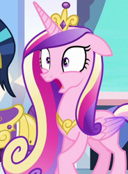 Size: 876x1189 | Tagged: safe, screencap, princess cadance, alicorn, pony, g4, the times they are a changeling, cropped, crown, female, hoof shoes, jewelry, mare, raised hoof, regalia, shocked, solo