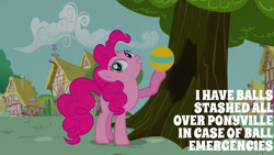 Size: 1280x720 | Tagged: safe, edit, edited screencap, editor:quoterific, screencap, pinkie pie, earth pony, pony, g4, it's about time, ball, context is for the weak, female, solo, tree