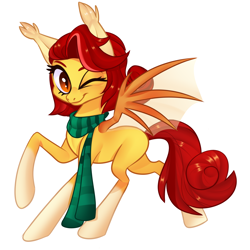 Size: 1698x1700 | Tagged: safe, artist:xvostik, oc, oc only, oc:maple honey, bat pony, pony, bat pony oc, clothes, coat markings, ear fluff, one eye closed, scarf, socks (coat markings), solo, transparent wings, wings, wink