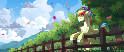 Size: 3440x1440 | Tagged: safe, artist:redchetgreen, oc, oc only, earth pony, pony, cloud, fence, leaves, multicolored hair, pale belly, rainbow hair, scenery, sky, solo, tree