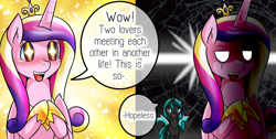 Size: 2964x1489 | Tagged: safe, artist:vavacung, princess cadance, queen chrysalis, alicorn, changeling, pony, comic:to love alicorn, g4, comic, cropped, cute, cutedance, duo, female, mare