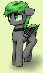 Size: 552x920 | Tagged: oc name needed, safe, artist:zip, oc, oc only, bat pony, pony, blushing, choker, embarrassed, floppy ears, gray coat, green eyes, green mane, green tail, male, raised hoof, short tail, solo, stallion, wavy mouth