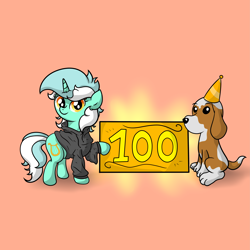 Size: 4921x4921 | Tagged: safe, artist:background basset, lyra heartstrings, basset hound, dog, pony, unicorn, g4, clothes, dig the swell hoodie, duo, hat, hoodie, party hat