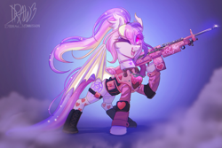 Size: 2253x1505 | Tagged: safe, artist:draw3, oc, oc only, oc:dream catcher (nekomellow), oc:dreamcatcher, bat pony, pony, bat pony oc, boots, choker, commission, ear fluff, female, gun, heart, mare, one eye closed, ponytail, shoes, solo, weapon, wink