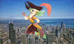 Size: 2000x1200 | Tagged: safe, artist:theotterpony, captain celaeno, bird, parrot, anthro, g4, my little pony: the movie, chicago, city, female, giantess, hat, illinois, irl, looking at you, macro, ocean, photo, pirate, pirate hat, smiling, solo, story in the source, story included