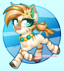 Size: 854x942 | Tagged: safe, artist:sickly-sour, oc, oc only, oc:bombay colada, pony, zebra, female, flower, flower in hair, jewelry, mare, necklace, solo