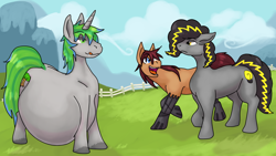 Size: 1358x768 | Tagged: safe, alternate version, artist:plaguetyranno, artist:shadowleaf, oc, oc:bug-zapper, oc:nova spark, oc:tree time, oc:wireless fuzz, alicorn, earth pony, pony, unicorn, belly, big belly, drool, licking, licking lips, story in the source, tongue out, vore
