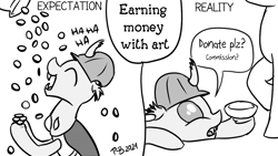 Size: 1200x675 | Tagged: safe, artist:pony-berserker, oc, oc:berzie, unnamed oc, pony, beggar, begging, bits, coin, expectation vs reality, laughing, offscreen character