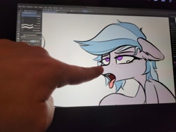 Size: 1500x1125 | Tagged: safe, artist:pinkberry, oc, oc:winter azure, pony, ahegao, boop, colt, cute, drawing tablet, eyelashes, femboy, hand, irl, male, ocbetes, open mouth, photo, tongue out, trap