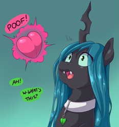 Size: 2049x2201 | Tagged: safe, artist:graphenescloset, artist:sirmasterdufel, queen chrysalis, changeling, changeling queen, series:chrysalis hearts and hooves drive, g4, choker, collaboration, cute, cutealis, eyes on the prize, female, gradient background, green background, heart, high res, incentive drive, open mouth, poof, simple background, solo, speech bubble, surprised, weight gain sequence, wide eyes