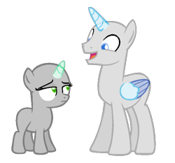 Size: 696x648 | Tagged: safe, artist:ivuiadopts, oc, oc only, alicorn, pony, unicorn, alicorn oc, bald, base, duo, female, filly, frown, horn, male, open mouth, simple background, smiling, stallion, transparent background, two toned wings, unamused, unicorn oc, wings