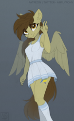 Size: 1829x3000 | Tagged: safe, artist:airfly-pony, oc, oc only, oc:static spark, pegasus, anthro, clothes, dress, female, patreon, patreon reward, socks, solo, wings