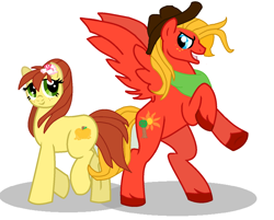 Size: 1452x1168 | Tagged: safe, artist:box-of-ideas, artist:marbowsta, oc, oc:honey gold, oc:sun set, earth pony, pegasus, pony, base used, brother and sister, cowboy hat, duo, earth pony oc, female, flower, flower in hair, freckles, hat, male, mare, offspring, parent:big macintosh, parent:fluttershy, parents:fluttermac, pegasus oc, rearing, siblings, simple background, stallion, white background