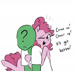 Size: 2214x2048 | Tagged: safe, artist:glacierclear, color edit, edit, editor:datzigga, pinkie pie, oc, oc:anon, earth pony, human, pony, g4, colored, cute, dialogue, diapinkes, high res, hug, motivational, reassurance