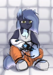 Size: 2480x3508 | Tagged: safe, artist:renka2802, oc, oc only, earth pony, semi-anthro, arm hooves, clothes, crossover, earth pony oc, female, high res, looking at you, portal (valve), portal gun, sitting, solo