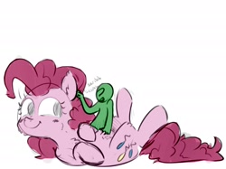 Size: 2732x2048 | Tagged: safe, artist:nobody, color edit, edit, editor:datzigga, pinkie pie, oc, oc:anon, earth pony, human, pony, g4, bellyrubs, colored, cute, diapinkes, ear scratch, giant pony, high res, macro, macro/micro, petting, size difference