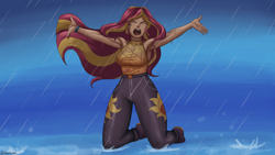 Size: 3920x2205 | Tagged: safe, artist:nire, sunset shimmer, equestria girls, equestria girls series, g4, let it rain, spoiler:eqg series (season 2), armpits, clothes, female, high res, jeans, kneeling, open mouth, pants, rain, see-through, shirt, singing, sleeveless, solo, wet clothes, wet shirt