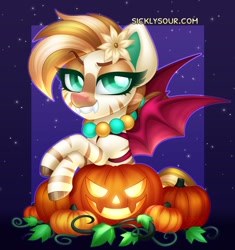 Size: 1110x1182 | Tagged: safe, artist:sickly-sour, oc, oc only, oc:bombay colada, pony, clothes, costume, female, flower, flower in hair, halloween, halloween costume, holiday, jack-o-lantern, mare, pumpkin, solo