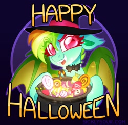 Size: 1193x1170 | Tagged: safe, artist:sickly-sour, oc, oc only, oc:kokomo, bat pony, pony, bowtie, candy, female, food, halloween, hat, holiday, mare, solo, text, witch hat
