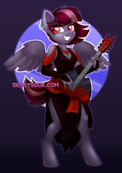 Size: 848x1200 | Tagged: safe, artist:sickly-sour, oc, oc only, oc:electrik star, anthro, unguligrade anthro, clothes, dress, female, guitar, mare, musical instrument, solo
