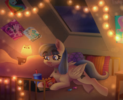 Size: 2829x2300 | Tagged: safe, artist:irinamar, fluttershy, rainbow dash, twilight sparkle, oc, oc:snow pup, alicorn, pegasus, pony, g4, bed, bedroom, candy, chips, collar, computer, drink, female, folded wings, food, high res, lamp, laptop computer, lying down, mare, pet tag, pillow, poster, solo, string lights, twilight sparkle (alicorn), window, wings, wonderbolts