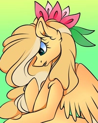 Size: 1080x1350 | Tagged: safe, artist:tessa_key_, oc, oc only, pegasus, pony, ear fluff, eyelashes, female, flower, flower in hair, gradient background, mare, open mouth, pegasus oc, solo, wings