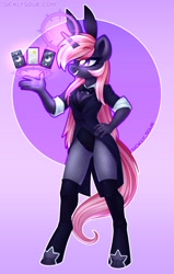 Size: 834x1309 | Tagged: safe, artist:sickly-sour, oc, oc only, anthro, bunny suit, card, clothes, female, fishnet stockings, mare