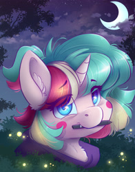 Size: 3300x4200 | Tagged: safe, artist:ardail, oc, oc:cotton sweets, firefly (insect), insect, pony, unicorn, moon, night, tired eyes