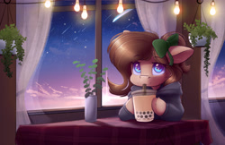 Size: 4250x2750 | Tagged: safe, artist:ardail, oc, oc:mocha latte, bow, bubble tea, cafe, clothes, hoodie, plants