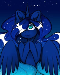 Size: 1080x1350 | Tagged: safe, alternate version, artist:tessa_key_, princess luna, alicorn, pony, g4, bust, colored, ear fluff, ethereal mane, eyelashes, female, hair over one eye, horn, mare, night, solo, starry mane, stars, wings