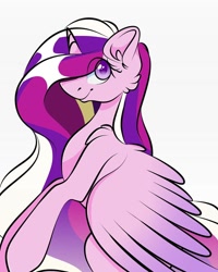 Size: 1080x1350 | Tagged: safe, artist:tessa_key_, princess cadance, alicorn, pony, g4, bust, ear fluff, eye clipping through hair, eyelashes, female, hair over one eye, horn, mare, missing accessory, simple background, smiling, solo, white background, wings