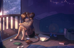 Size: 3400x2200 | Tagged: safe, artist:ardail, oc, oc:mocha latte, cow, anthro, unguligrade anthro, bedroom, cowified, curled up, depressed, earbuds, high res, messy, rain, species swap