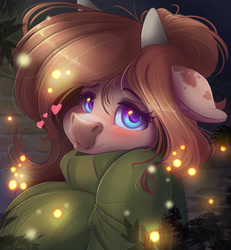 Size: 2200x2382 | Tagged: safe, artist:ardail, oc, oc:mocha latte, cow, firefly (insect), insect, boopable, clothes, cowified, cute, floating heart, heart, high res, messy hair, ponytail, species swap, sweater