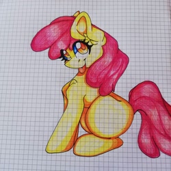 Size: 1080x1080 | Tagged: safe, artist:tessa_key_, apple bloom, earth pony, pony, g4, :p, ear fluff, eyelashes, female, filly, graph paper, sitting, solo, tongue out, traditional art