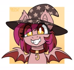 Size: 2024x1913 | Tagged: safe, artist:sickly-sour, oc, oc only, oc:velvet silverwing, bat pony, pony, bust, collar, female, hat, mare, solo, witch hat