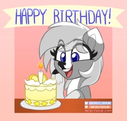 Size: 1156x1100 | Tagged: safe, artist:sickly-sour, oc, oc only, oc:silverlining, pony, cake, candle, female, food, mare, solo, text