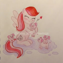 Size: 1079x1079 | Tagged: safe, artist:mmy_little_drawings, oc, oc only, pegasus, pig, pony, blushing, eyelashes, eyes closed, female, heart, hug, mare, pegasus oc, piglet, smiling, traditional art, watermark, wings
